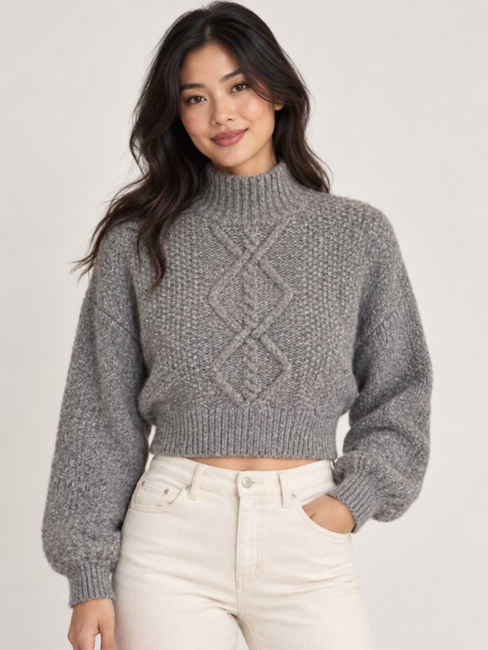 Vero Moda M Gray Cropped Cable Knit Mock Neck Balloon Sleeve Sweater